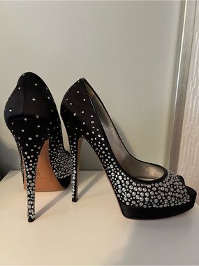 Casadei Black Satin and Silver Women's Heels - Size 11